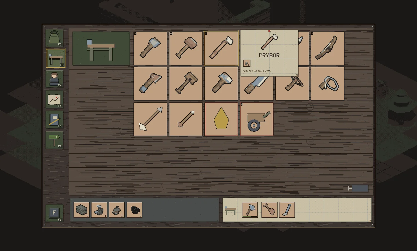 The workbench screen: axes, hammers, a prybar and other tools as square tiles on a plywood board