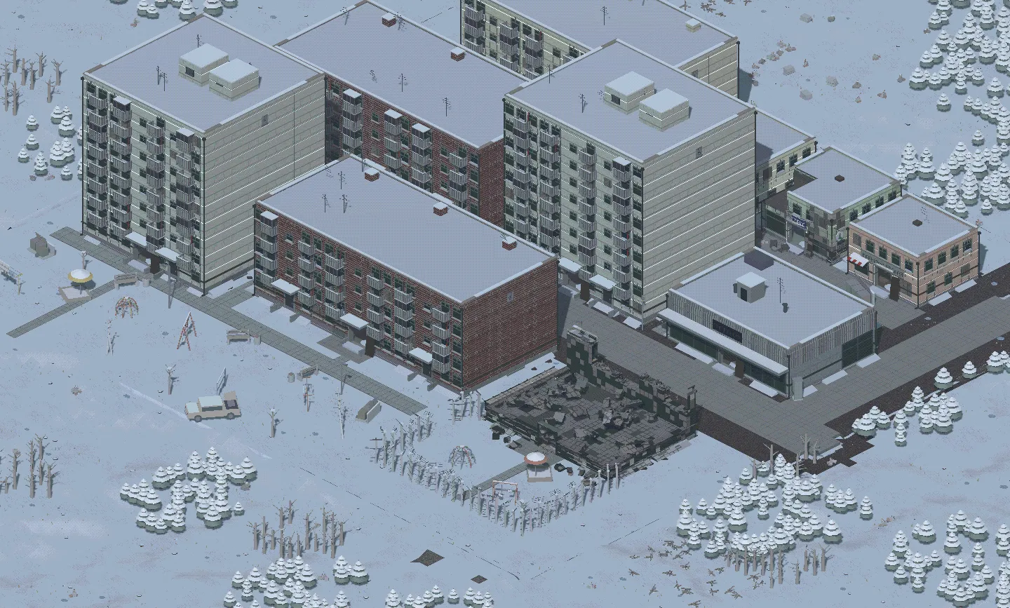 The new estate in town: nine-storey panel blocks, a brick shop and a burnt-out lot under snow