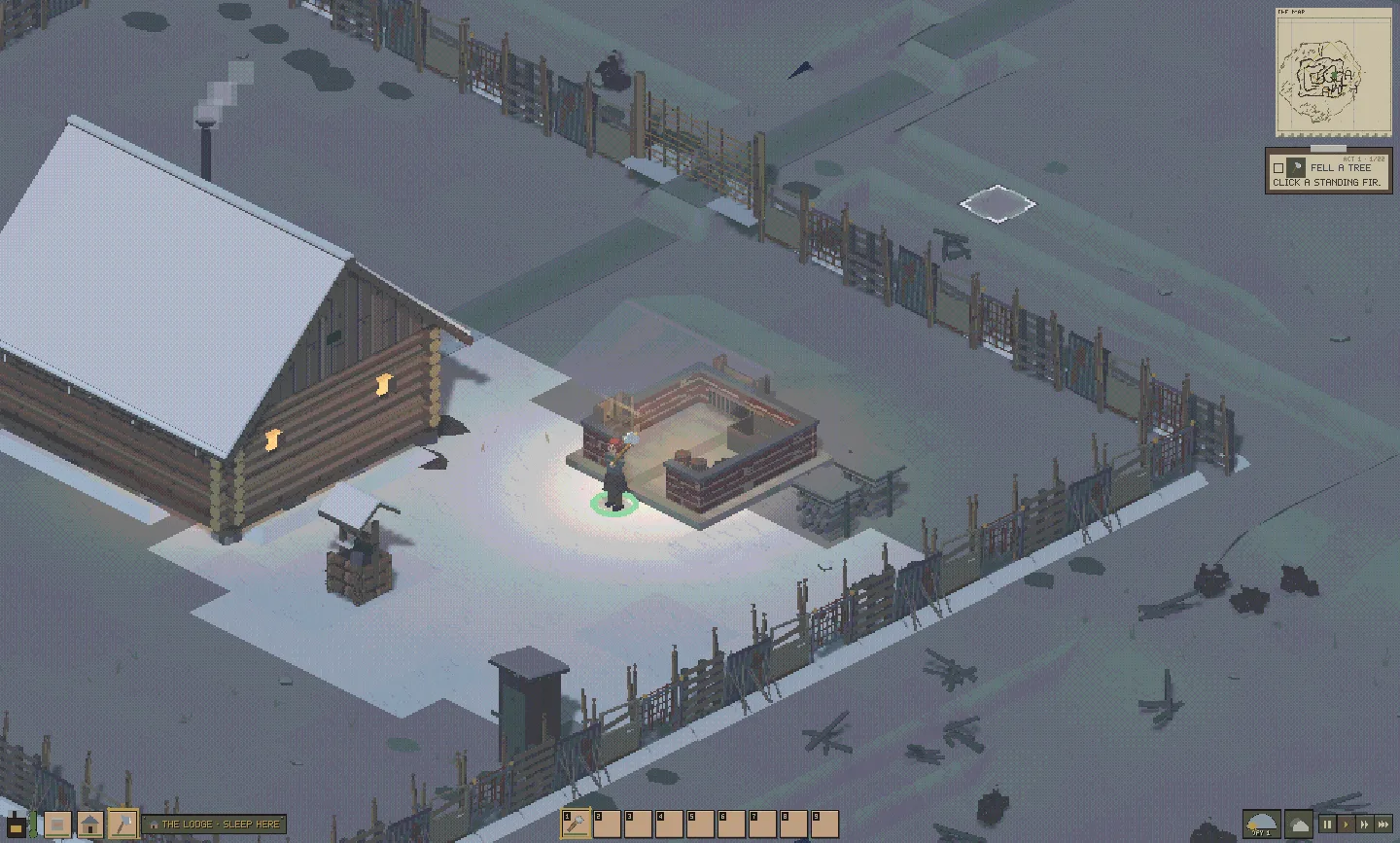 The log house at the forest cordon by day: snow on the roof, a paling round the yard, a workbench under a lamp, and Olya beside it