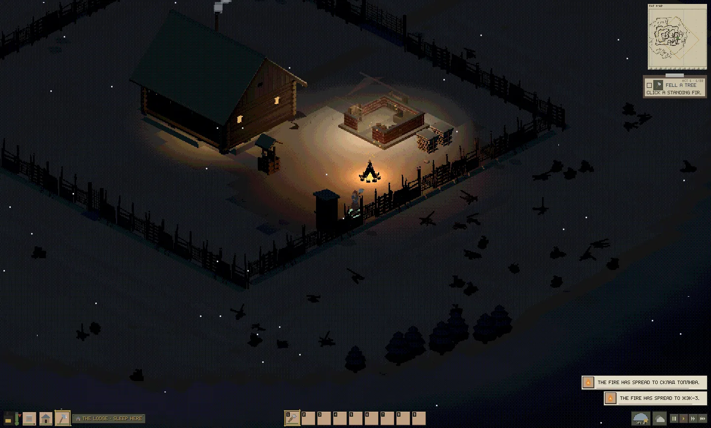 The cordon at night, lit only by a fire in the yard; the rest of the taiga is black