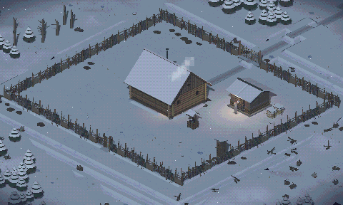 A log house and its yard in the snow at dusk, smoke rising from the chimney